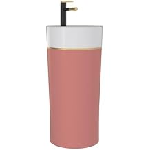 Floor Standing Vanity Sink, One Piece Modern Ceramic Column Basin, 15.7" Round Basin Bathroom Pedestal Sink Combo with Drain Kit, Faucet and Mirror,Pink-B
