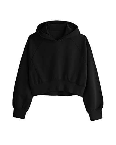 Fisoew Womens Hoodies Pullover Sweatshirts Basic Casual Loose Cropped Plain Hooded Long Sleeve Side Slit Crop Tops #TOP24