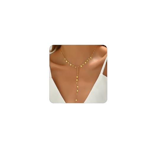 Kyazeo Dainty Cross Drop Y-Shaped Necklace for Women 18K Gold Plated Simple Rosary Beads Chain Lariat Necklace Minimalist Everyday Jewelry