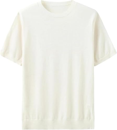 Mens Round Neck Short Sleeve Wool Sweater Pullover Loose Fit Knitted Solid Color Casual Tops