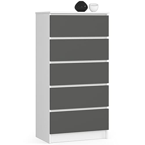 Home Collective Commode blanche et grise avec 5 tiroirs spacieux, 60 cm de large, 121 cm de haut, pour chambre à coucher, couloir, salon, organiseur, commode...