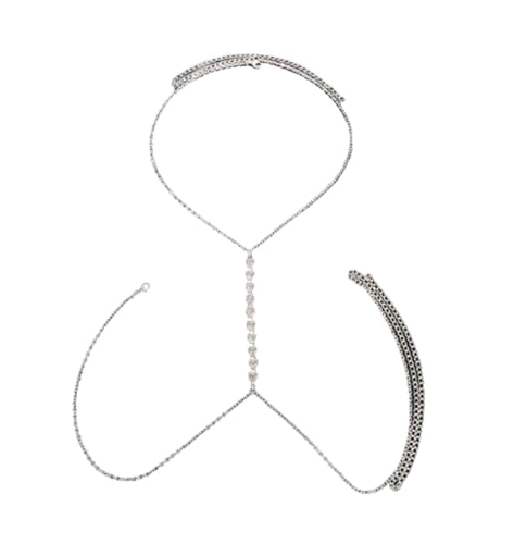 Rhinestone Chest Chain Body Chain Crystal Bikini Bra Chain Summer Beach Nightclub for Women (Silver)