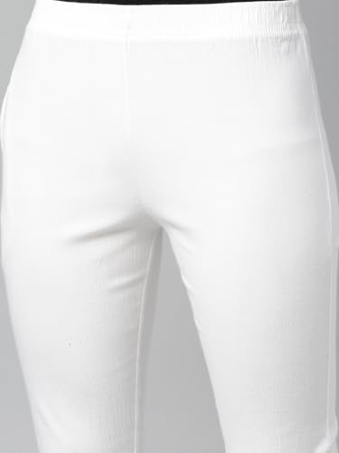 Image of MINELLI Women Solid Cigar Pants, Cotton Lycra Slub Fabric, Elasticated Waistband, Pull On Style, Regular Fit Bottom Wear for Western and Ethnic Wear