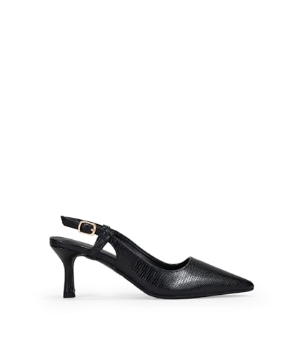 BOSANOVA Zapatos de salón Destalonados para Mujer con Grabado Animal Print, Acabado en Punta y tacón Fino Kitten de 6.5 cm. Cierre de Tira Trasera con Hebilla. Calzado para Mujer Negro 37
