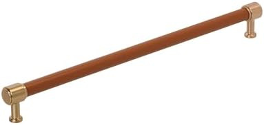 Signature Hardware 954070-18 Lazzara 18 Inch Center to Center Cognac Leather Appliance Pull - Brushed Gold
