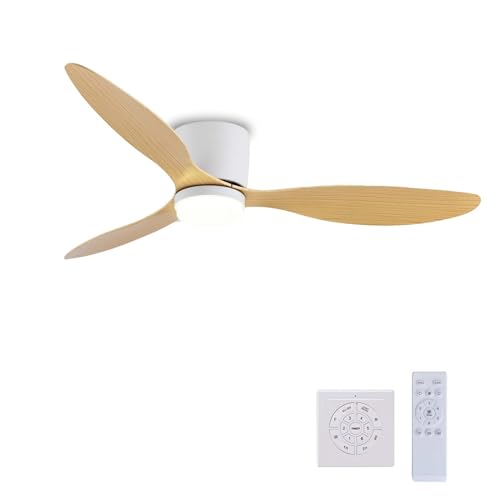 Ventilador de techo silencioso con luz tricolor ajustable, ventilador reversible de 6 velocidades con control remoto para sala de estar, grano de madera negra, 106 cm