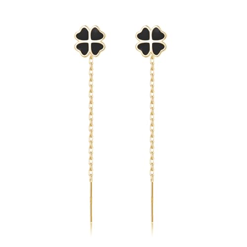 Reffeer Solid 925 Sterling Silver Leaf Clover Dangle Earrings Chain for Women Teen Girls Black Leaf Tassel Drop Earrings Threader