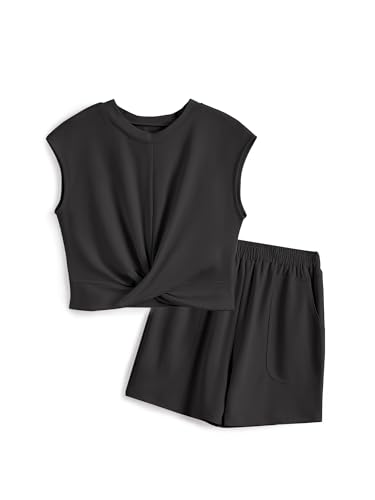Image of Girls Clothing 2 Piece Summer Set Short Sleeve Tops Shirts Baggy Shorts with Pockets Fashion Outfits for Kids