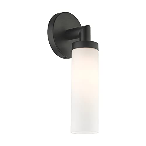 Image of Livex Lighting 10103-04 Aero Collection ADA 1-Light Wall Sconce Light with Satin Opal White Glass Cylinder Shade, Black, 4.25 x 11