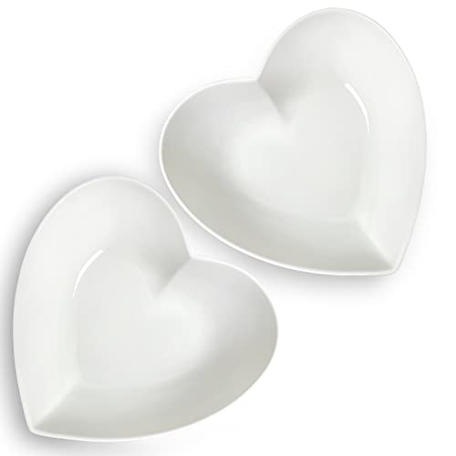 Keponbee 大型磁器ハートボウル ホワイトディープハート型プレート サラダ/フルーツ/パスタまたはベーキングハートケーキ用 10インチ 2個