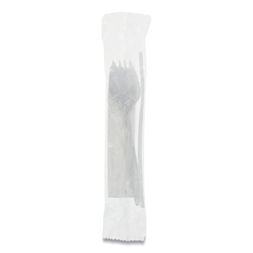 Fieldware Cutlery Kit, Spork, 10 x 8 Napkin, Standard Straw, Mediumweight, White, 1,000/Carton