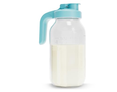 Image of County Line Kitchen Glass Breast Milk Pitcher with Lid - Wide Mouth, 2 Quart (64 oz) - Heavy Duty, Leak Proof - Sun & Iced Tea Pitcher, Cold Brew Coffee, Breast Milk Storage, Water - Light Blue