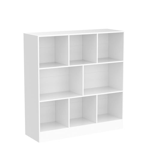 YAHARBO White 3 Tier Bookshelf,Wide Modern Horizontal Bookcase,Wood Low Book Shelf,Wide Display Storage Cabinet with Base,Floor Standing 8 Cube Large Bookcases Organizer for Bedroom,Living Room,Office - Thumbnail 4