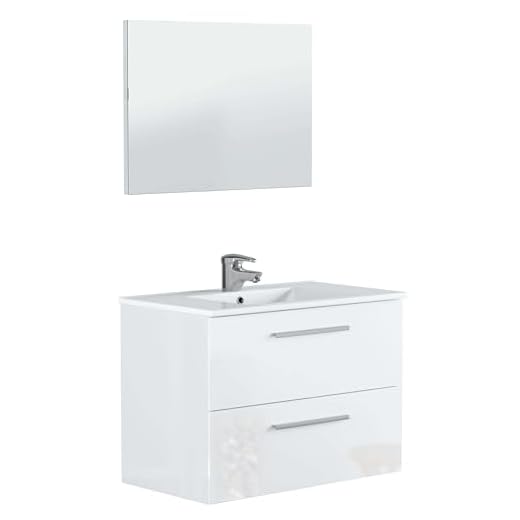Miroytengo Mueble baño Aseo suspendido con Espejo Blanco Brillo 2 cajones con Cierre Progresivo y Tiradores Modernos para Lavabo 80x45x57 cm NO Incluye LAVAMANOS