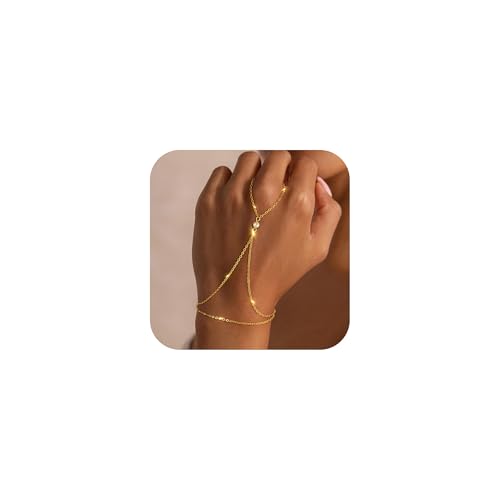 OuryTech Bracelet Femme Or, Bracelet Or et Bijoux, Chaîne de Main Plaquée Or 14K avec Bague, Bijou Tendance Doré Délicat pour Femmes