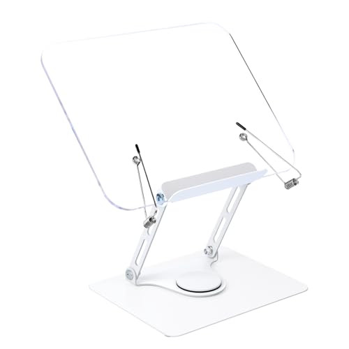 Acrylic Book Stand for Reading, 360° Adjustable Book Holder, Foldable Recipe Cook Book Stand for Kitchen, Book Display Stand with Elastic Page Clips for Laptop Magazine Document Music Sheet (Clear)