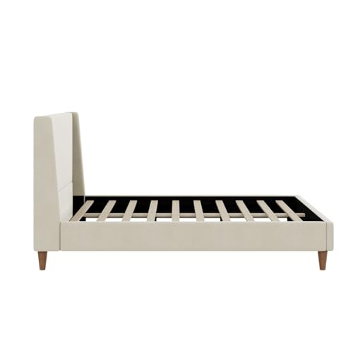 Image of Merax Velvet Queen Size Bed Frame with Wingback Headboard, Solid Wood Upholstered Platform with Round Legs, No Box Spring Needed, Beige