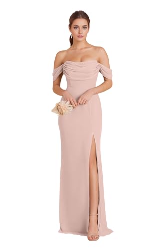 Off Shoulder Bridesmaid Dresses for Women Long Ruched Chiffon Mermaid Formal Evening Dress with Slit EA016