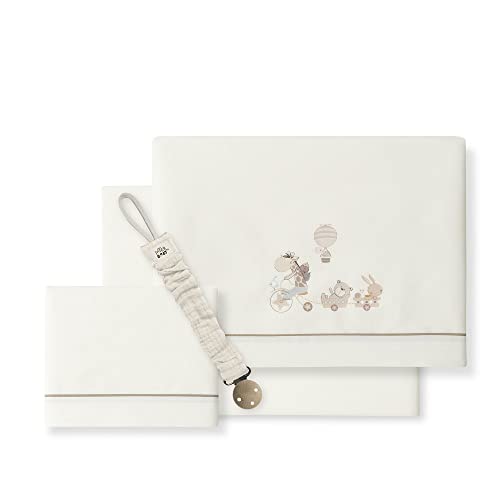 Sábanas cuna Jirafa Bicicleta beige con chupetero muselina