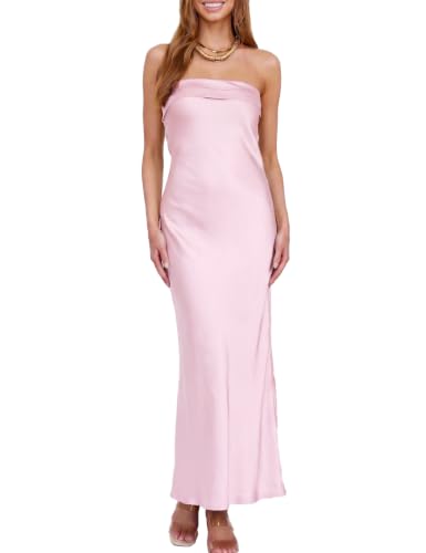 Image of Realtix Summer Satin Strapless Backless Maxi Dress for Women Wedding Guest