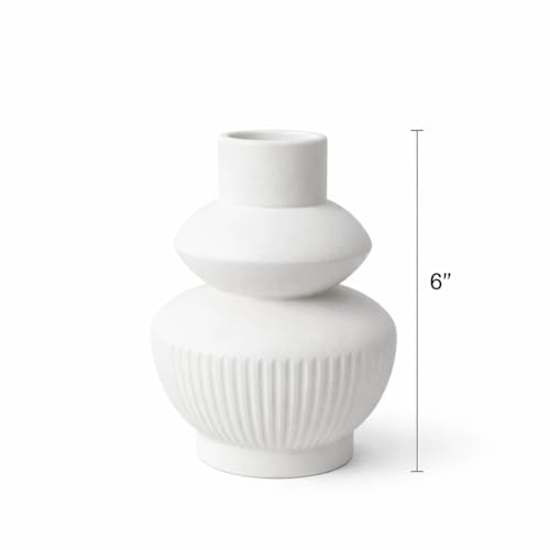 Image of SPHINX Ribbed Ceramic Vase for Home Decor | 6 Inch Matte Ivory Textured Flower Pot | Modern Nordic Style Table Vase for Living Room, Office & Bedroom Decoration