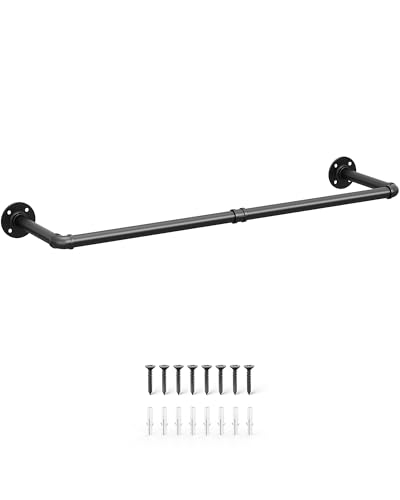 OROPY Industrielle Rohr-Kleiderstange, 92 cm, Wandmontage, abnehmbare Retro-Metall-Kleiderstange, Schwarz (zwei Basen)