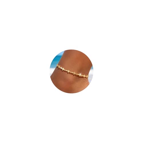 Chihayafuji 14K Gold Plated Cross Ankle Bracelets for Women Waterproof Layered Stackable Bead Chain Non Tarnish Large Adjustable Anklet for Summer Beach Foot Jewelry Gift