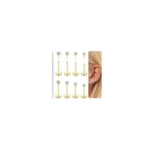 Kakonia 18G Piercing Tragus Helix Piercing Acero Quirurgico Pendientes Hipoalergenicos Oro CZ Cartílago Tragus Labret Piercings Nariz Mujer Labio Conch Pendientes Piercings 2mm/2.5mm/3mm/4mm