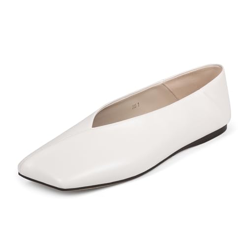 Pomoxikn Womens Ballet Flats Square Toe Ballet Flats Shoes for Women Dress Shoes Patent Leather Loafers Comfortable Dressy White 10