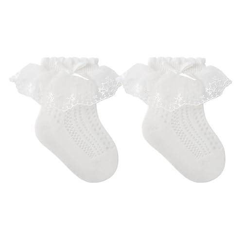 SUPTTING Calcetines de encaje para niña con lazos, adornos, de malla, elegantes, festivos, para bautizos, bodas, bebés, suaves, cómodos, para bautizos, cumpleaños, fiestas, Estilo-v03 Blanco, 4-5 años
