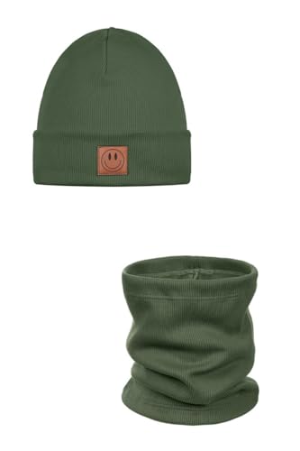 Ander Smile Mütze und Schal Set Kinder 97% Baumwolle angenehm weich - Beanie Mütze Kinder Schlauchschal Loop Schal Baumwollmütze für Jungen & Mädchen - Übergangsmütze Herbst Frühling