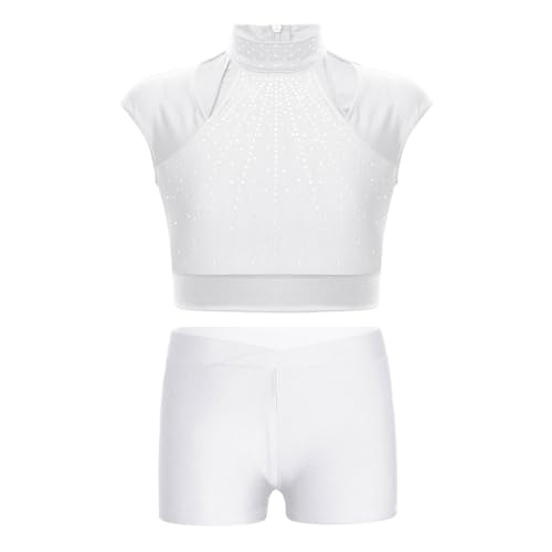 JanJean Kids Girls 2 Piece Ballet Dance Outfits Shiny Top with Booty Shorts Gymnastics Leotard Dance Tracksuit