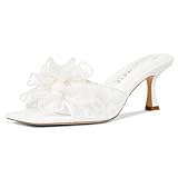 Castamere Womens Floral Lace Mesh Heels Kitten Heel Sandals Open Square Toe Slip On Mules Bridal Dress Shoes for Wedding Party 2.6 Inches Heels White 9.5 M US
