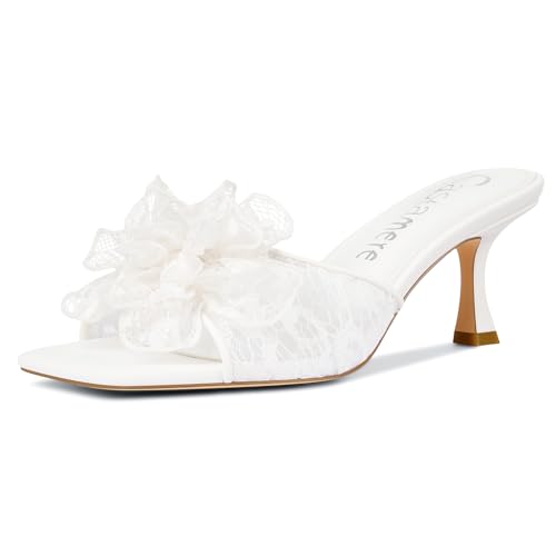 Castamere Womens Floral Lace Mesh Heels Kitten Heel Sandals Open Square Toe Slip On Mules Bridal Dress Shoes for Wedding Party 2.6 Inches Heels White 9.5 M US