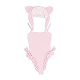 Cute One Piece Swimsuit Teen Girls Vintage Ruffle High Waisted Bathing Suits Kawaii Cat Anime Cosplay Swimwear (Pink)