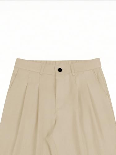 Image of Men's Relaxed Straight Leg Loose Fit Pleated Trousers | Mid-Rise Formal Pants with Zip Fly & Button Closure | Solid Regular Length Office Wear Trousers