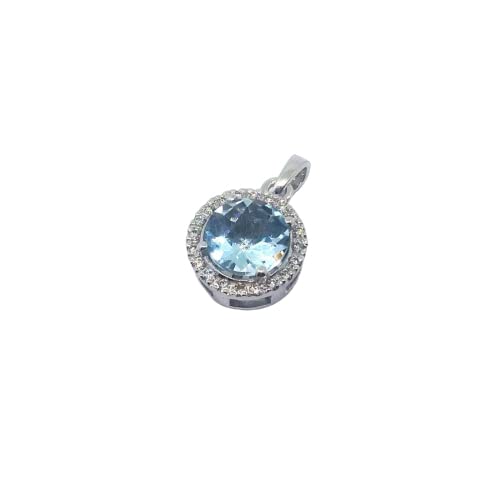 Solid gold handmade round light blue topaz and diamond halo necklace