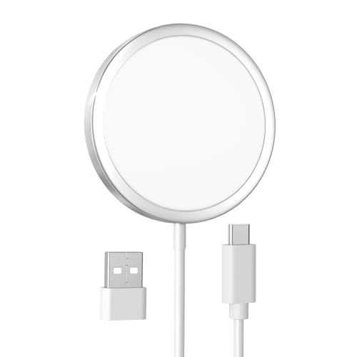 Chargeur sans Fil pour iPhone 15W, Apple Chargeur Rapide Mag-Safe pour iPhone, Chargeur Magnétique avec Câble USB-C et Convertisseur USB-A pour iPhone 15/14/13/12 Series et AirPods 3/2/Pro-Blanc