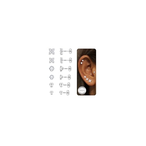 CASSIECA 6 Paires Clous d'Oreilles Femme Argent 925 Boucles d'Oreilles Hypoallergenique Rondes Zircone Cubique Boucle d'Oreille Helix Tragus Piercing Argent