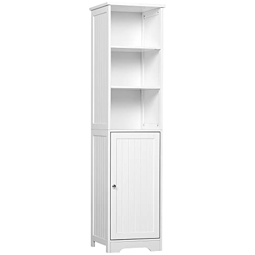kleankin Armario Alto de Baño de 5 Niveles Columna Auxiliar de Baño con 3 Estantes 1 Puerta y Balda Interior Ajustable 40x38x160 cm Blanco
