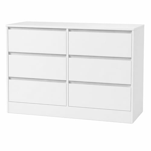 Xisilla Cómoda blanca con 6 cajones, cómoda moderna para dormitorio y sala de estar, armario de almacenamiento versátil, tamaño compacto 100 cm