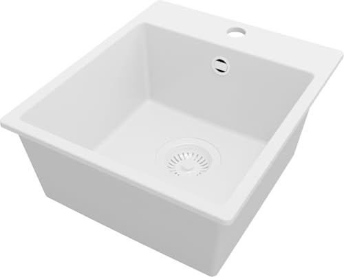 PRIMAGRAN Lavello da Cucina Bianco 38x44cm, Lavandino da Cucina a 1 vasca + Sifone Classico, Lavabo da Cucina Incasso al mobile 40cm - Riga Easy