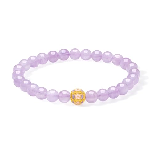 24K Solid Gold Charm Bracelets Pure Gold Flower Ball Amethyst Bead Beacelet Purple Crystal Dainty Jewelry for Women Her Anniversary Birthday 6.7