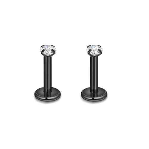 CANDYFANCY 16G Internal Threaded 2mm CZ Stud Surgical Steel Piercing Jewelry for Tragus Helix Lobe Black cartilage earrings nose stud earring for women men (6mm bar length)