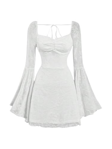 WDIRARA Women's Floral Jacquard Mesh Gothic Dress Bell Long Sleeve A Line Vintage Dresses White Plain Large