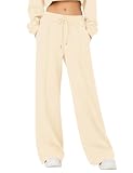 Rapbin Womens Joggers with Pockets Fleece Lined Wide Leg Trousers Apricot