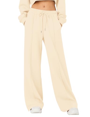 Rapbin Womens Joggers with Pockets Fleece Lined Wide Leg Trousers Apricot