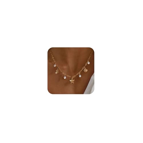 Charm Necklace for Women - Dainty Gold Beach Necklace Cute Shell Necklaces Charm Accessory Beach Starfish Pendant Preppy Stuff Summer Jewelry