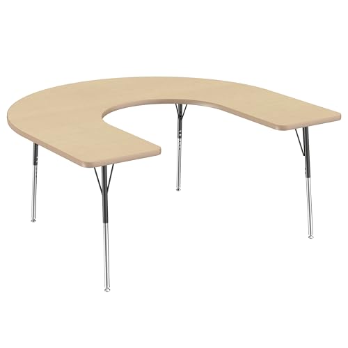 Image of FDP Horseshoe Activity School and Office Table (60 x 66 inch), Standard Legs with Swivel Glides for Collaborative Seating Environments, Adjustable Height 19-30 inches - Maple Top and Maple Edge