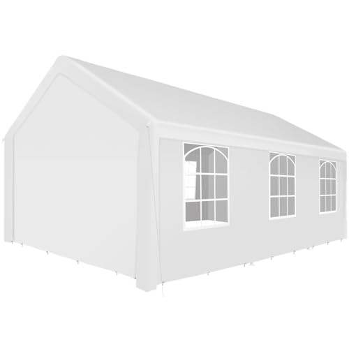 Image of tectake® Garden Gazebo, 6 x 4 m, Water- & Tear-Resistant Outdoor Canopy, Heavy Duty Marquee with 4 Removable Sides & 6 Windows, Easy Set-up With a Practical Click System - White